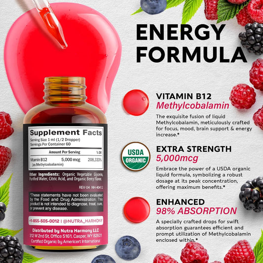USDA Organic Vitamin B12 Sublingual Drops - 5000 mcg Liquid Vegan Methylcobalamin - Energy Boost, Focus & Mood, Metabolism & Brain Health Support - Maximize Absorption - 2 Month Supply, 2 fl oz