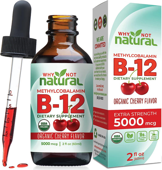 Organic Vitamin B12 Liquid - Sublingual Extra Strength 60 x 5000 mcg Methylcobalamin Drops, Vegan, Maximize Absorption and Energy