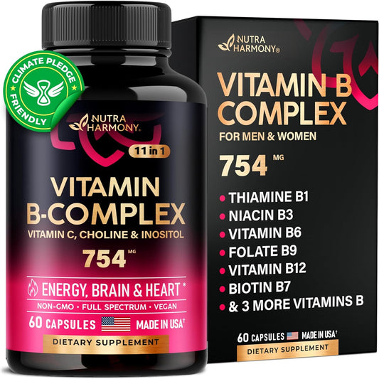 Vitamin B Complex - 11-in-1 B-Complex: B1, B2, B3, B5, B6, B7, B8, B9, B12 with Vitamin C, Choline, Inositol - for Men & Women 60 caps