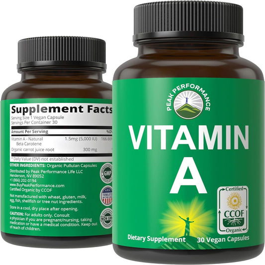 Peak Performance Certified Organic Vitamin A 5000 IU Supplement Capsules High Potency Vitamins Made with Organic Carrot Juice