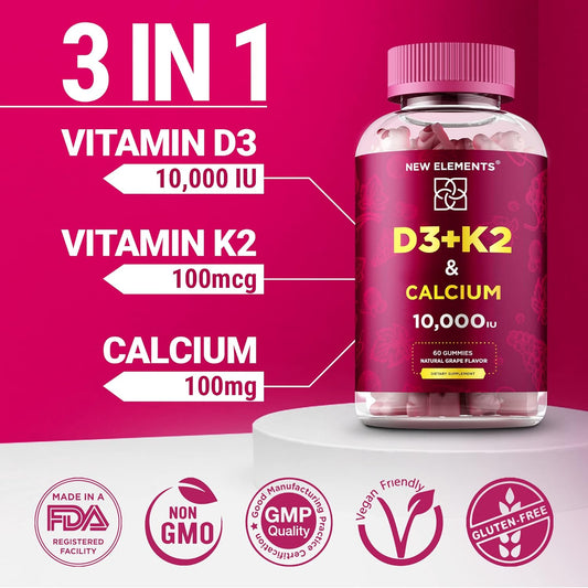 Vitamin D3 K2 Gummies 10000 IU with Calcium 100mg - VIT D3 for Adults - Mk7 Vitamin K2 100mcg - Vitamin D Supplement for Men & Women - Vegan Gluten Free Non-GMO