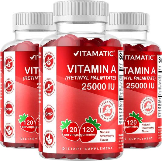 Vitamatic Sugar Free Vitamin A 25000 IU Gummies (Retinyl Palmitate) - Natural Strawberry Flavor - 120 Pectin Based Gummies