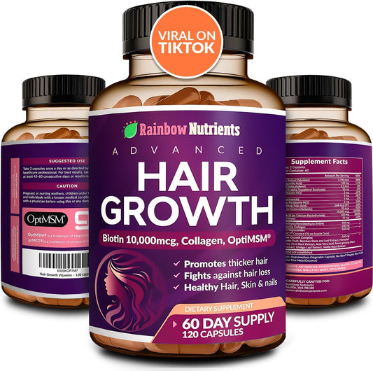 Hair Growth Vitamins for Women | Biotin 10,000mcg, Collagen, Patented OptiMSM Naturally Regrow Stronger & Healthier Hair, Skin and Nails | Stops Hair Loss | 60 Day Supply