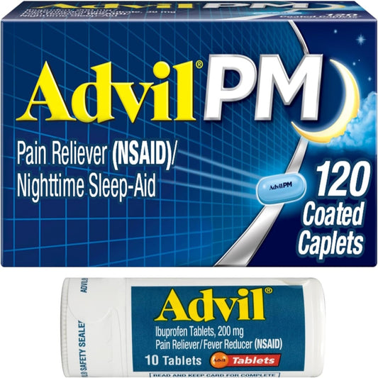 Advil PM Pain Reliever and Nighttime Sleep Aid, Ibuprofen and Diphenhydramine Citrate - 120 Ct Caplets and Pain Reliever and Fever Reducer, 10 Count Tablets